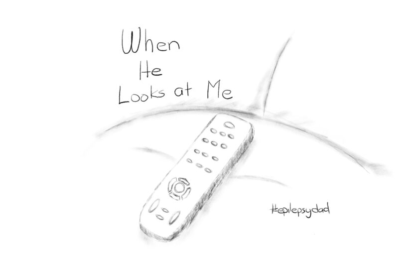 A pencil sketch of a TV remote resting on a couch cushion, drawn for the epilepsydad.com post When He Looks at Me