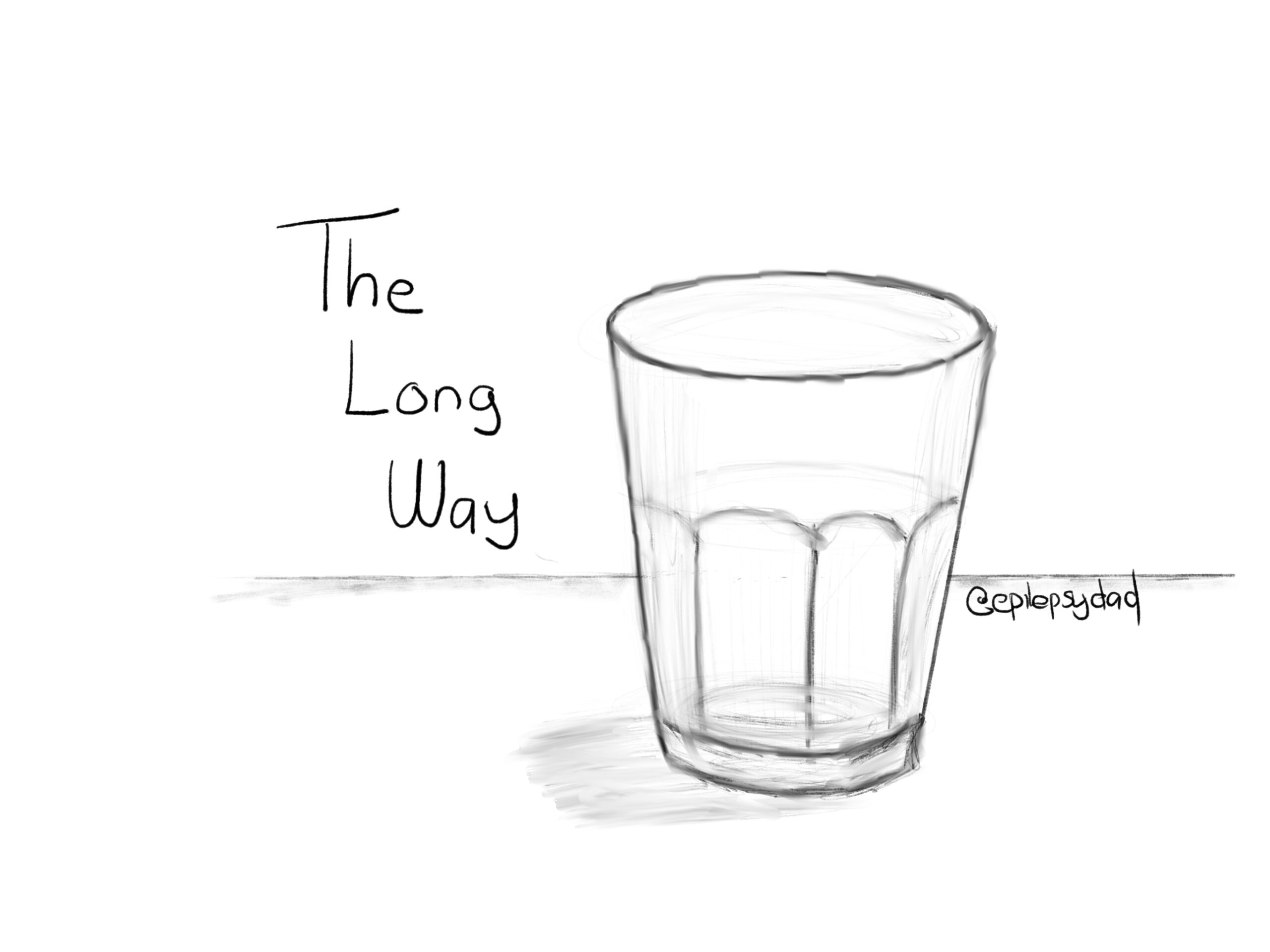 A pencil sketch of an empty glass on a kitchen counter, drawn for the epilepsydad.com post The Long Way