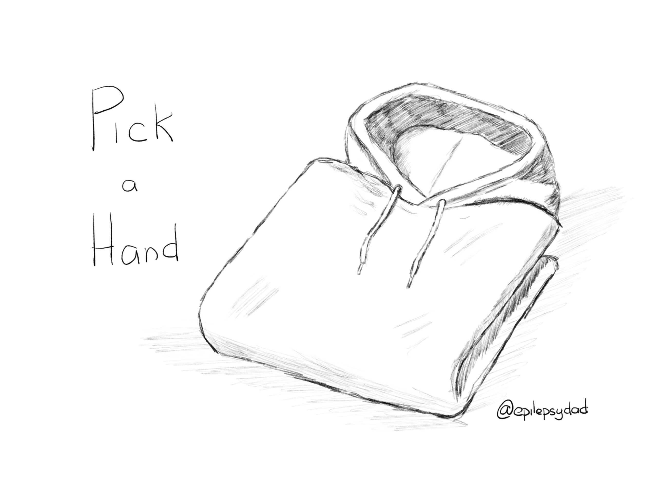 A pencil sketch of a folded pullover hoodie, drawn for the epilepsydad.com post Pick a Hand