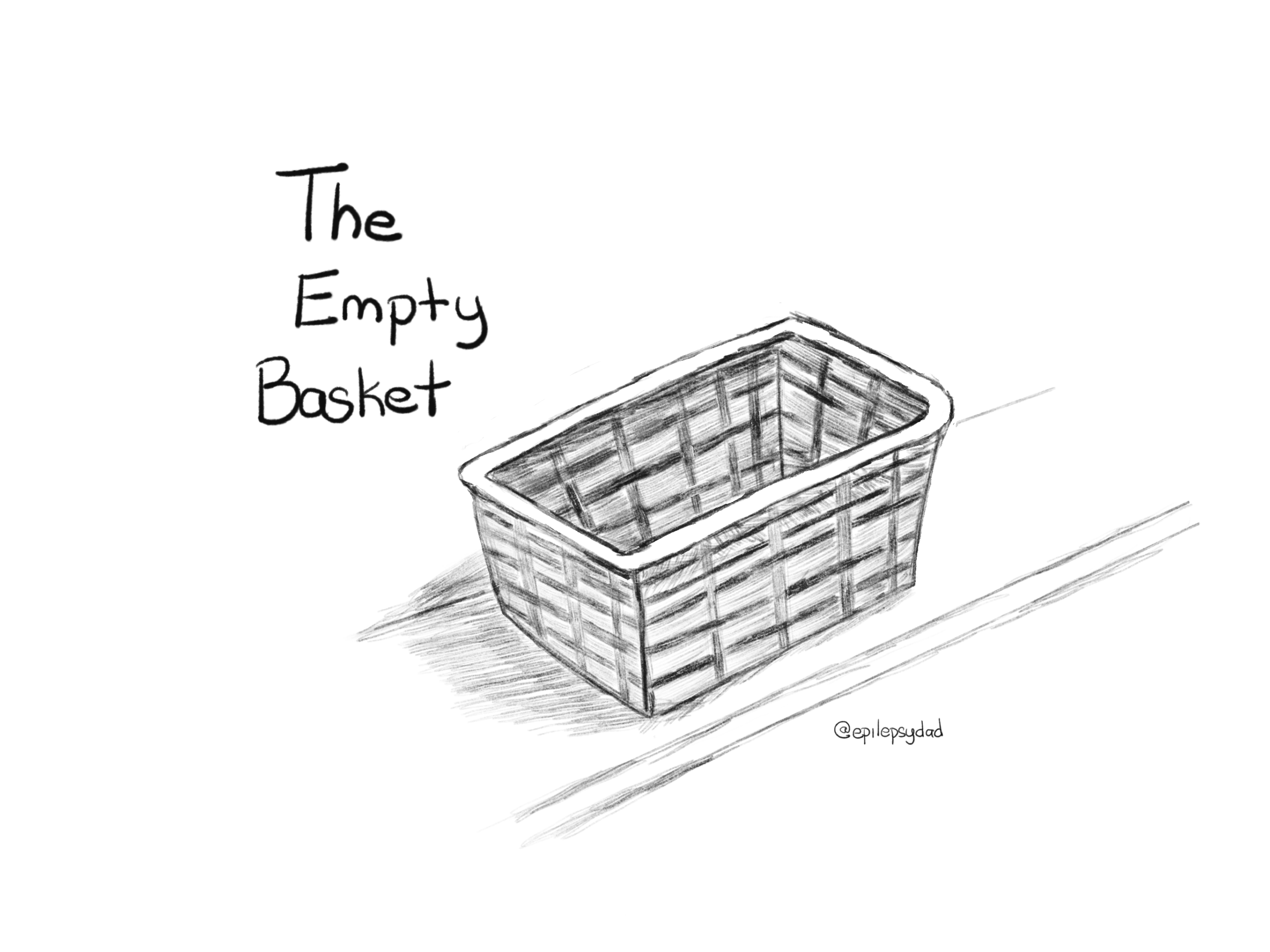 A pencil sketch of an empty medication basket on a shelf, drawn for the epilepsydad.com post The Empty Basket about epilepsy caregiving