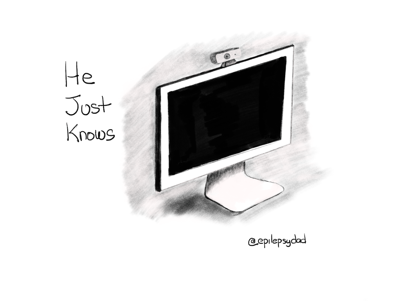 A pencil sketch of a computer monitor with a camera on top, drawn for the epilepsydad.com post He Just Knows about epilepsy parenting and confidence