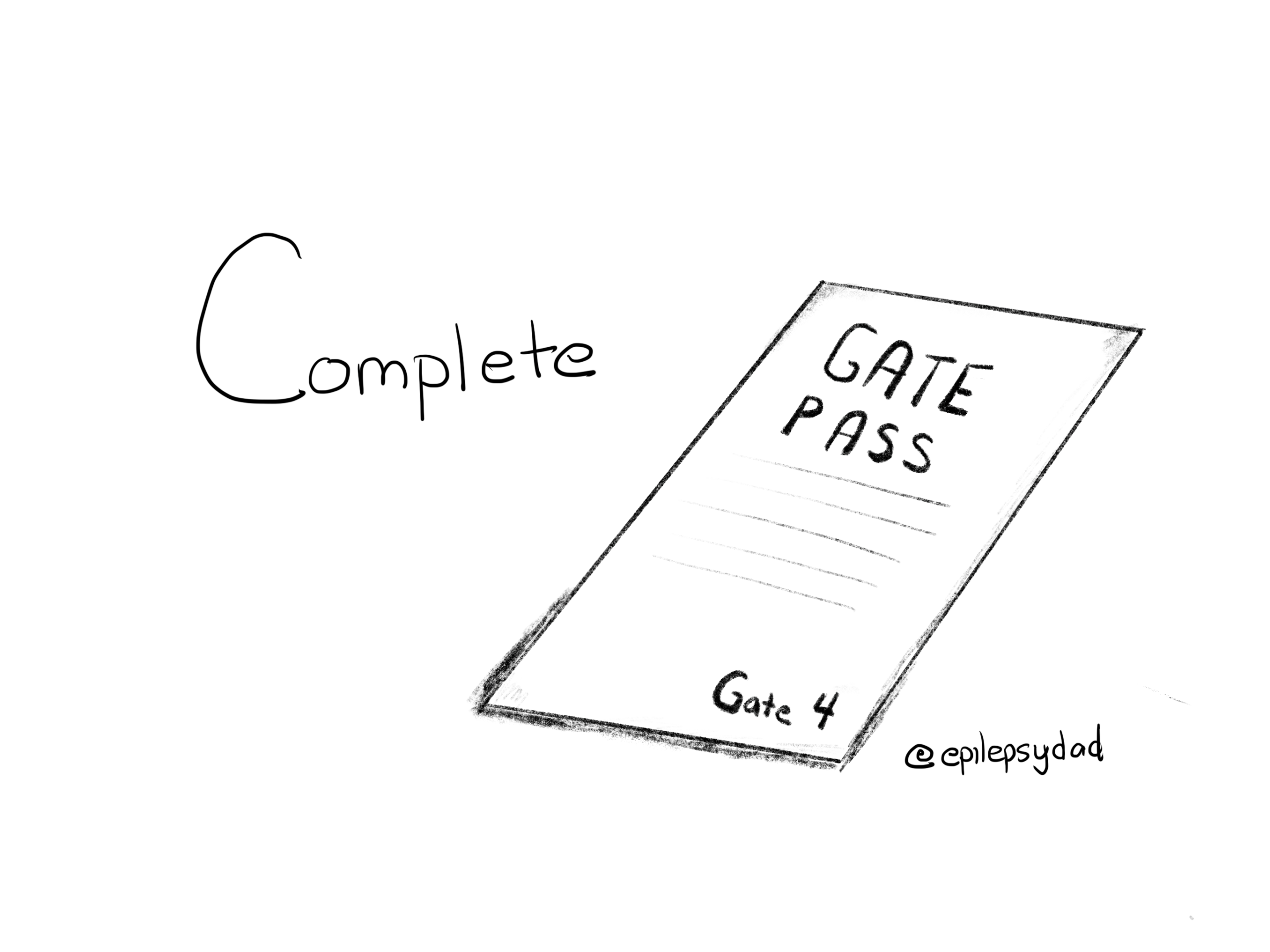 A pencil sketch of an airport gate pass, drawn for the epilepsydad.com post Complete about picking up his son after six weeks apart